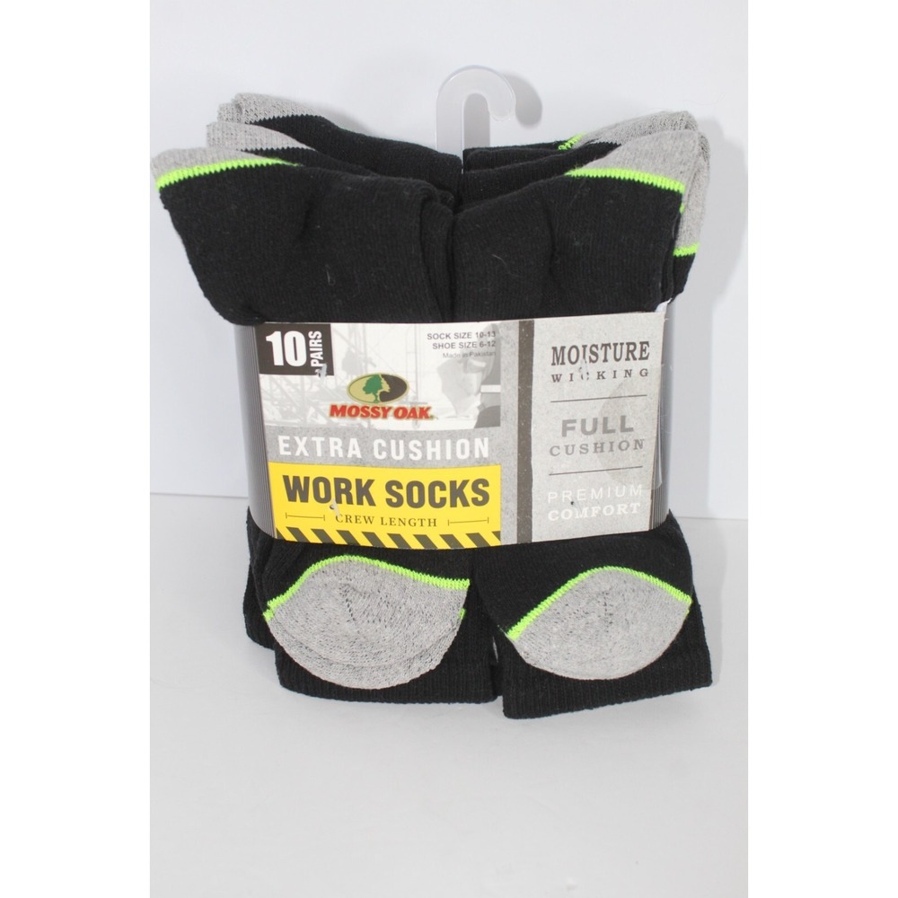 Mossy Oak Work Crew Socks Extra Cushion 10 Pair Size 10-13 Moisture Wicking Mens